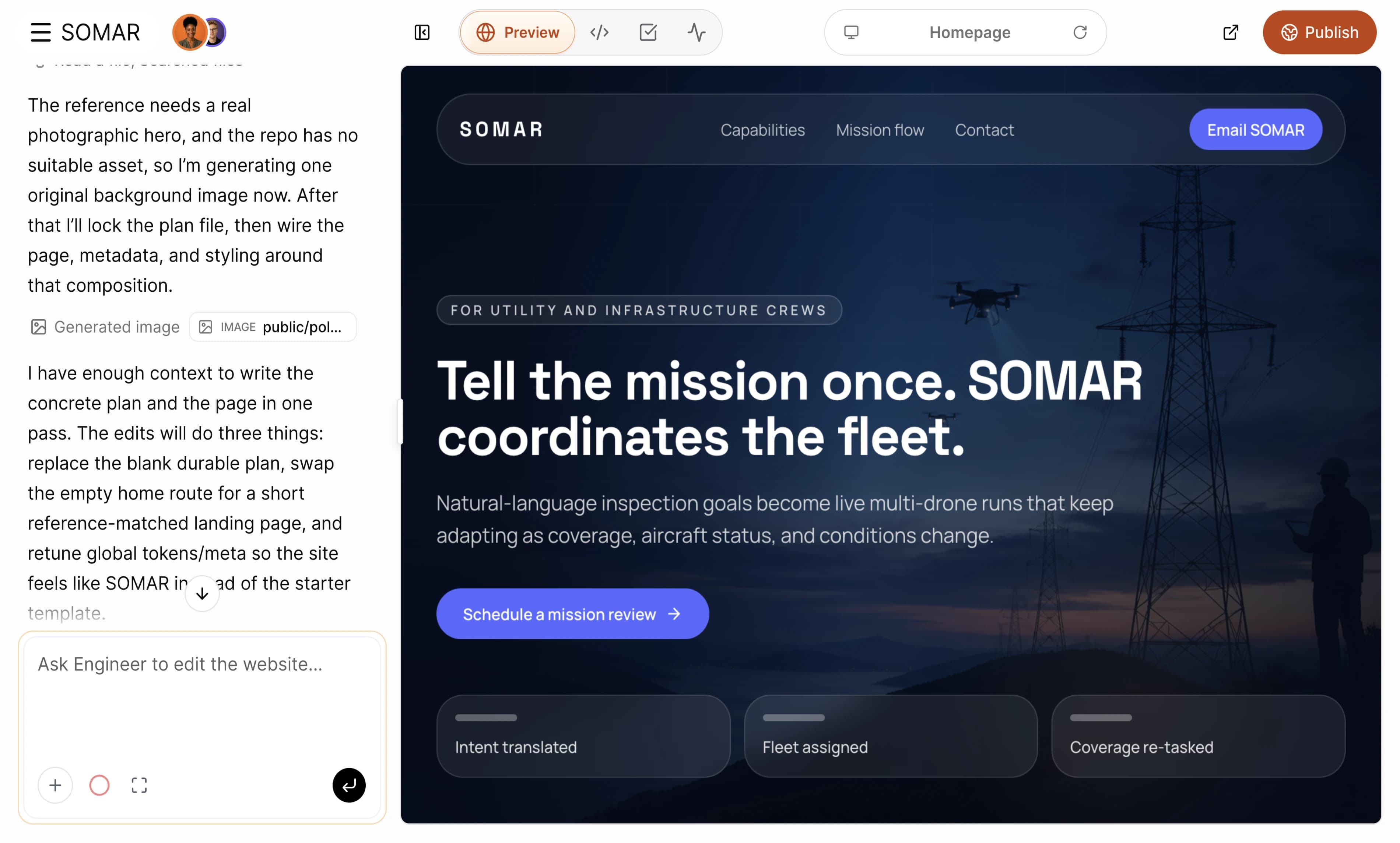 Polycorp website workspace showing an AI agent conversation beside a live company website preview