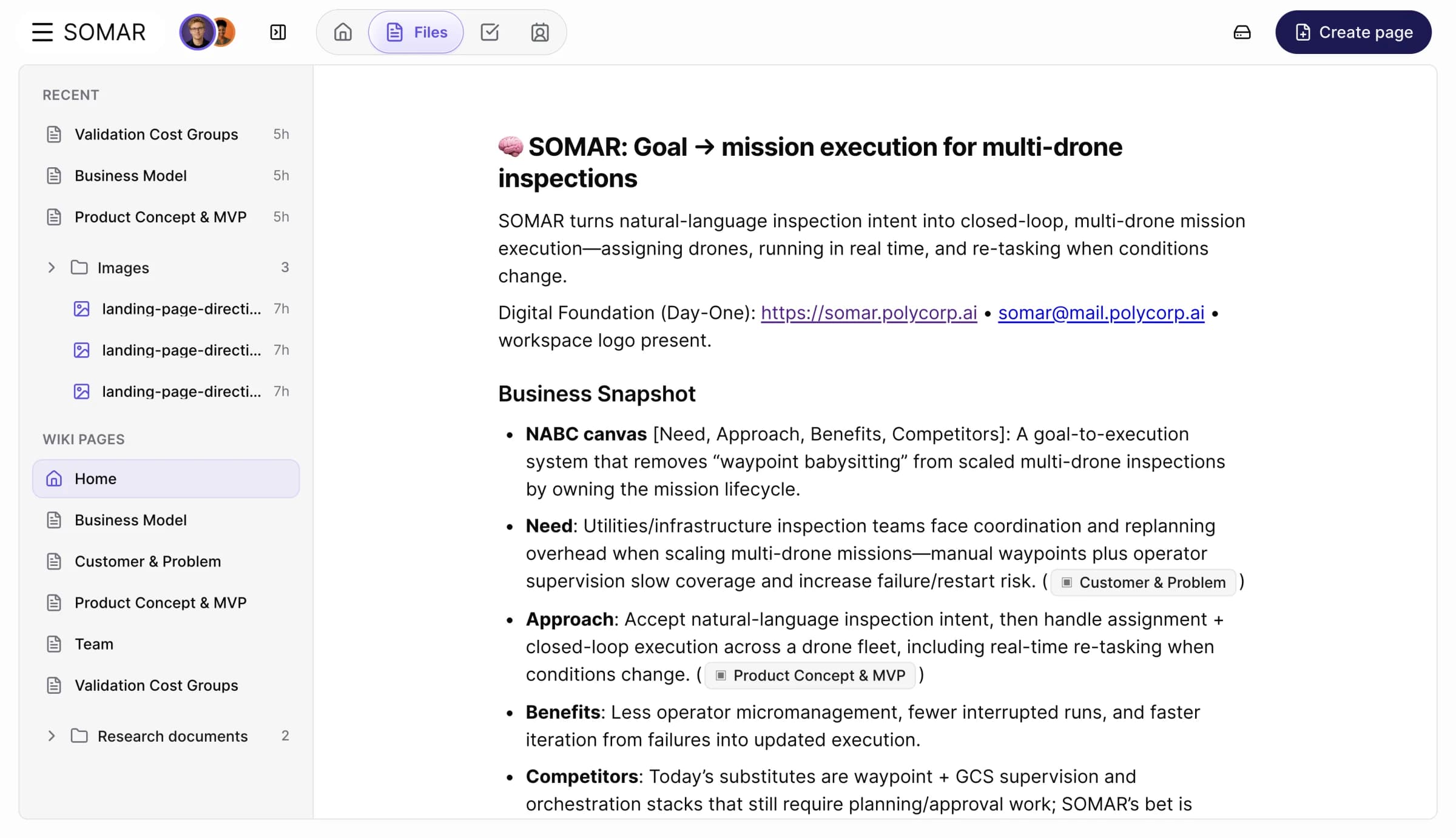 Polycorp company brain showing SOMAR business context and structured documents