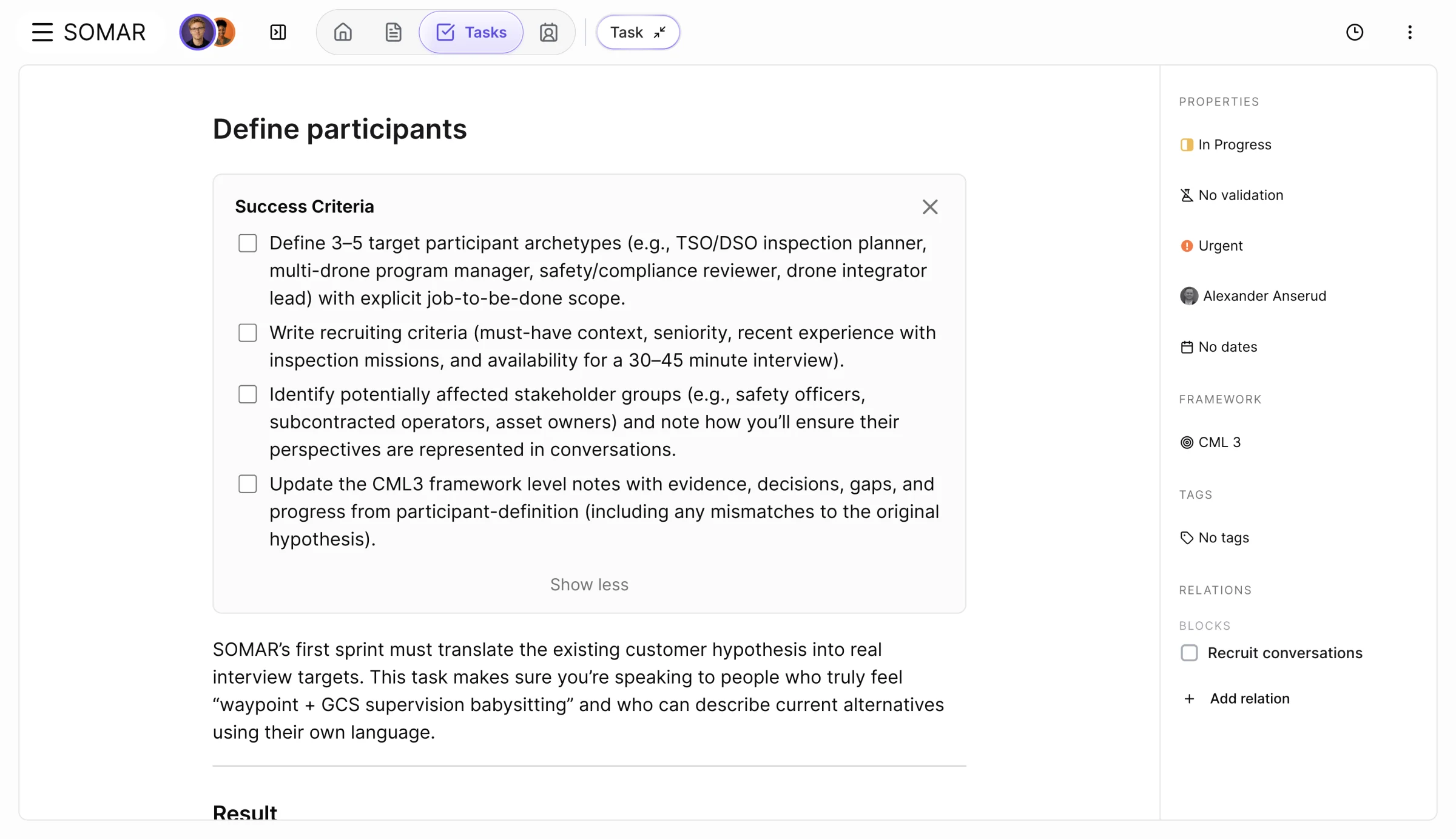 Polycorp validation task defining interview participants and measurable success criteria