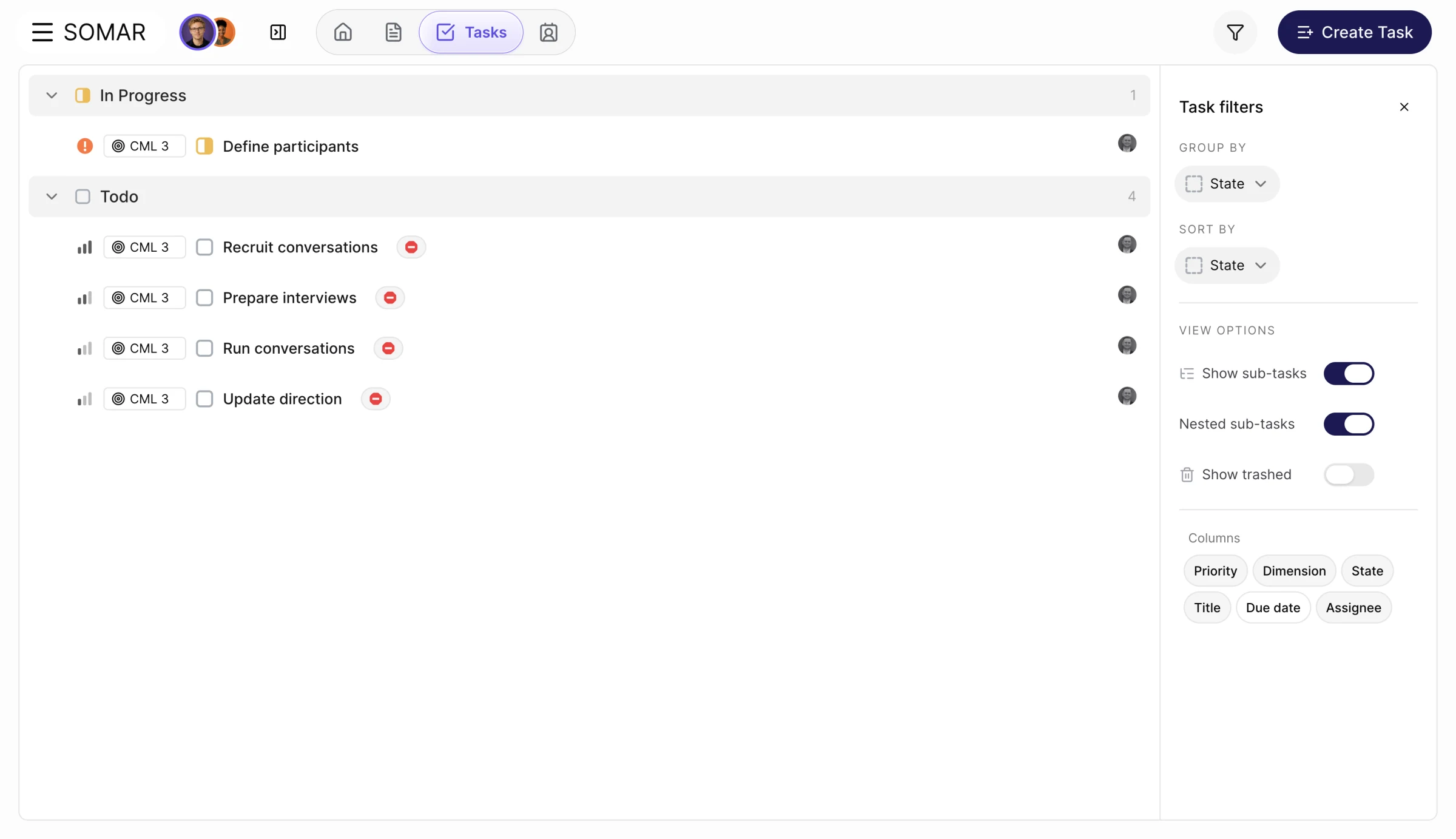 Polycorp task board organizing SOMAR validation work into in-progress and upcoming tasks