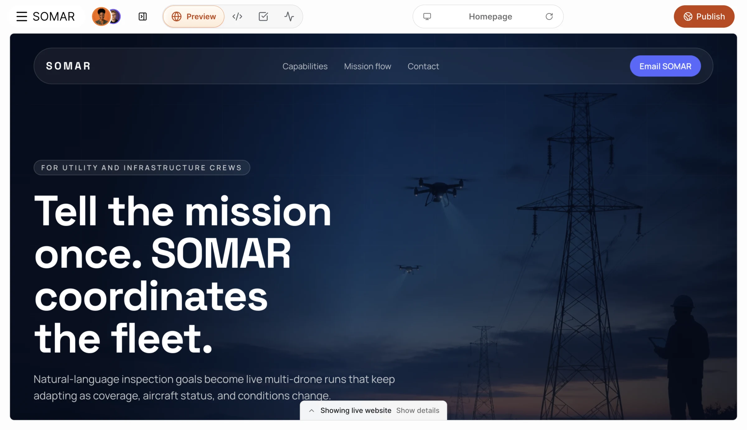 Polycorp website builder displaying a live SOMAR website preview and publishing controls